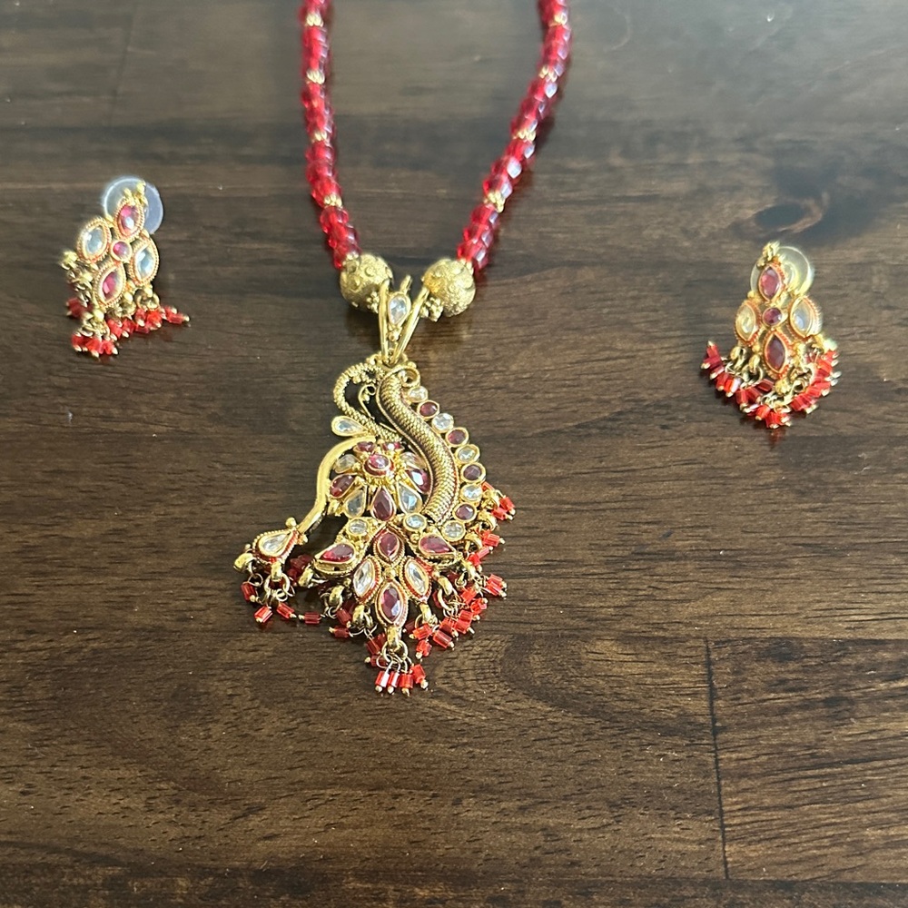 Gold and Red Peacock Necklace Set with Crystal Accents